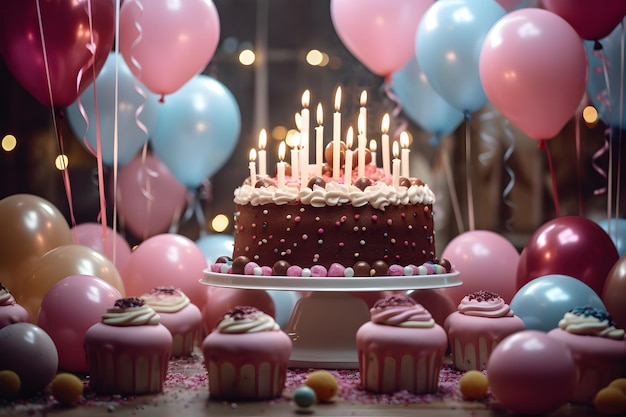 chocolate cakes with candles surrounded by white balloons