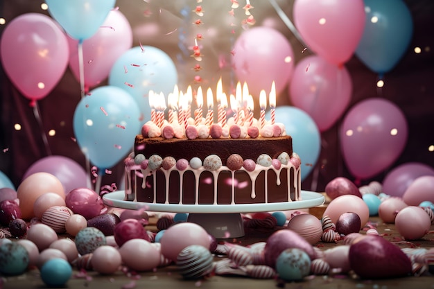 chocolate cakes with candles surrounded by white balloons