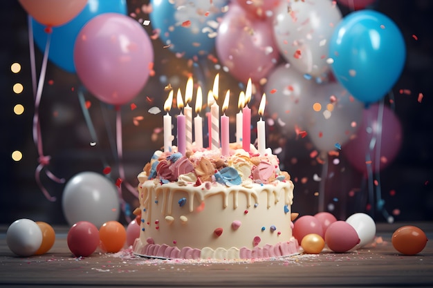 chocolate cakes with candles surrounded by white balloons