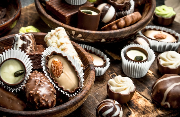 Chocolate candies in a bowls