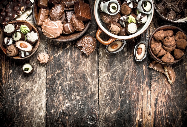 Chocolate candies in a bowls. 