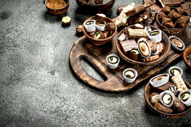 Chocolate candies in a bowls. 