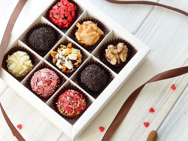 Chocolate candies in box closeup