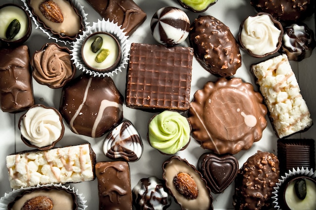 Chocolate candies in the box. Many different chocolate sweets