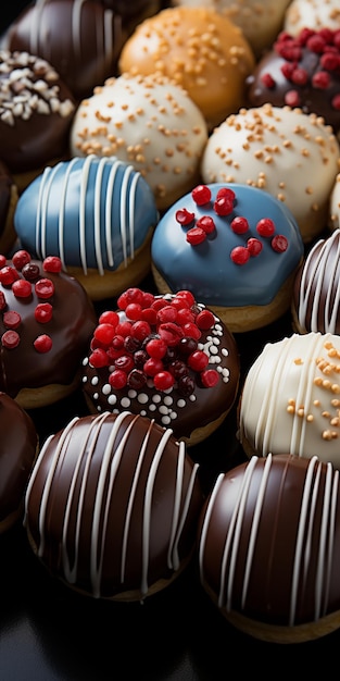 Chocolate candies and Donuts on a plate