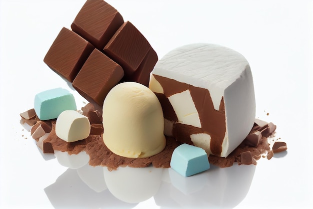 Chocolate candies with marshmallows and pieces of chocolate on white backgroundgenerative ai