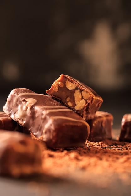 Chocolate candies with nuts and nougat