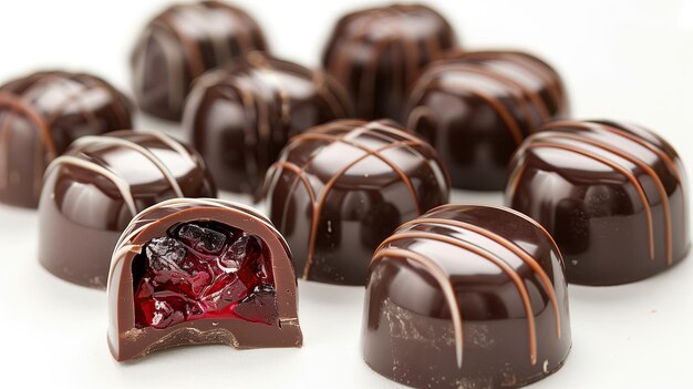 Foto caramelle al cioccolato con fragole su uno sfondo scuro