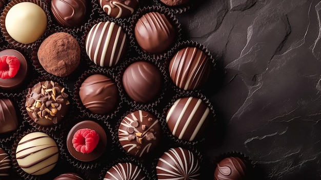 Foto caramelle al cioccolato con vari ripieni di fondo di cibi dolci