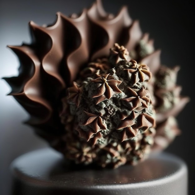 A chocolate candy on a cake with a white background.