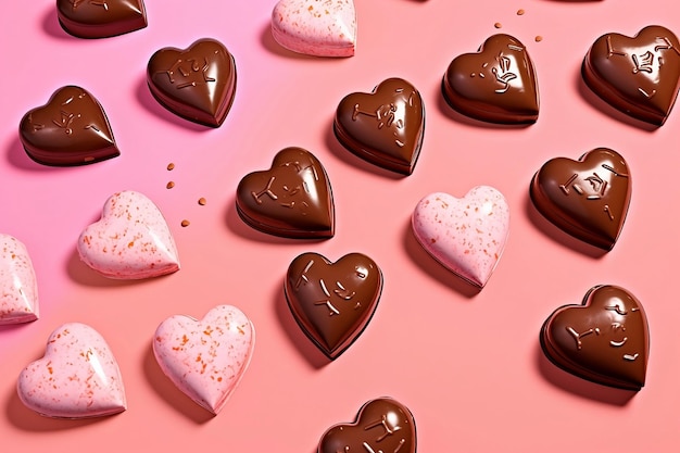 Шоколадные конфеты в виде розовых и коричневых сердечек на розовом фоне