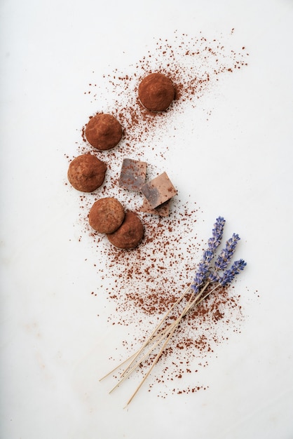 Chocolate candy truffles with flowers