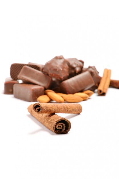 Chocolate candy with peanuts and almonds