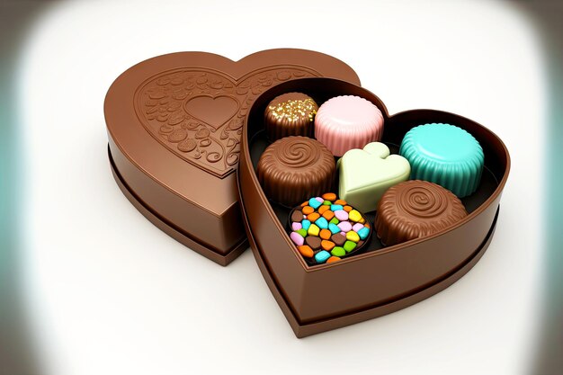 Chocolate candy with print and heart shaped candy box end