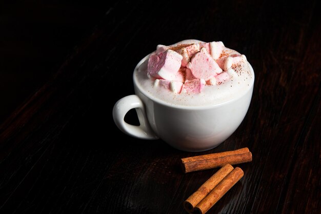 Chocolate cappuccino with marshmallows and cinnamon