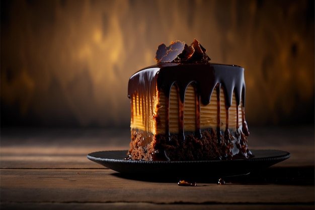 шоколадно-карамельный торт на тарелке иллюстраций изображений