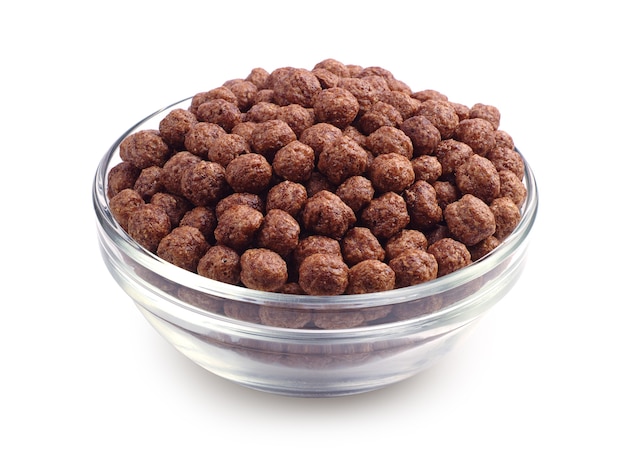 Chocolate cereal in glass bowl on white background