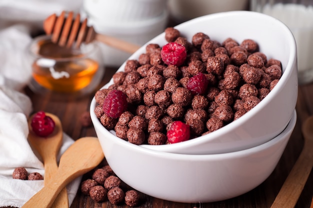 Chocolate cereal rings in bowl