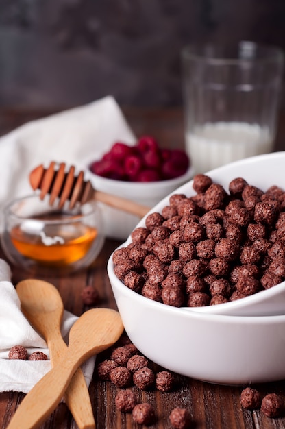 Chocolate cereal rings in bowl