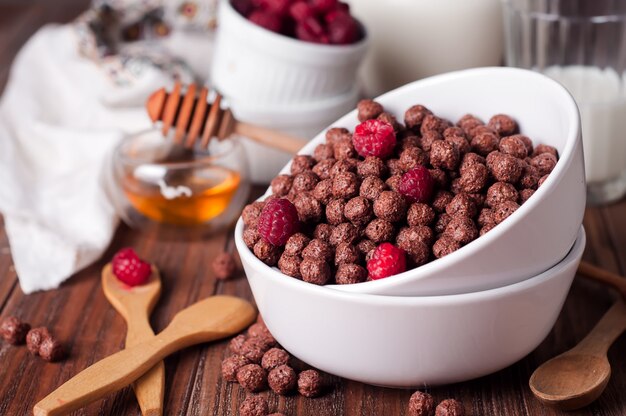 Chocolate cereal rings in bowl