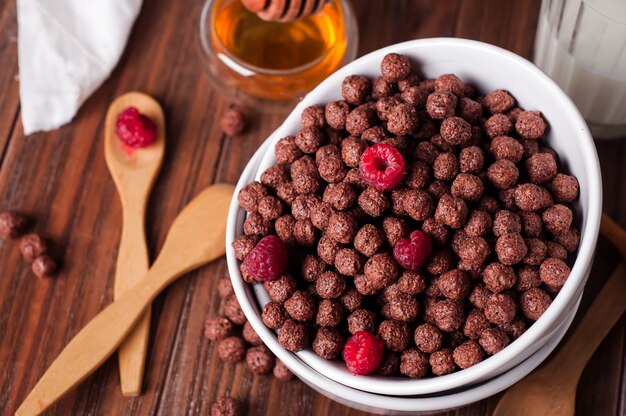 Chocolate cereal rings in bowl