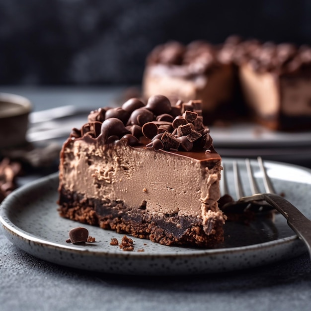 Chocolate cheesecake decorated with berries fruits nuts and chocolate icing Generative AI