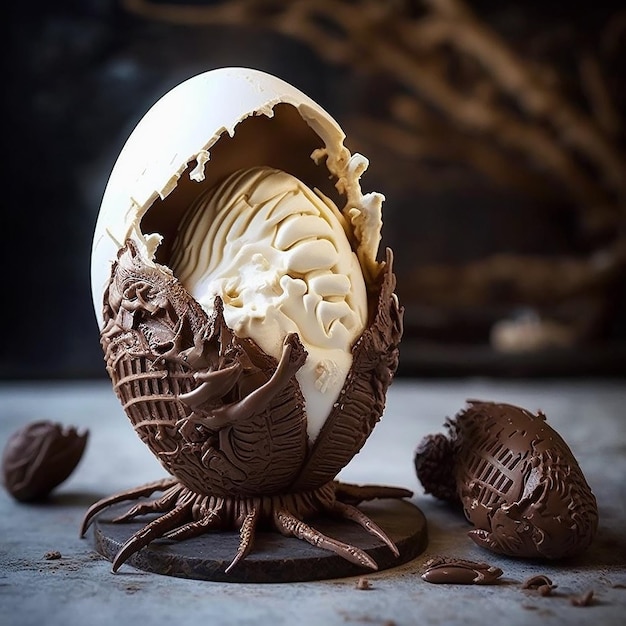 A chocolate chicken egg with a broken shell