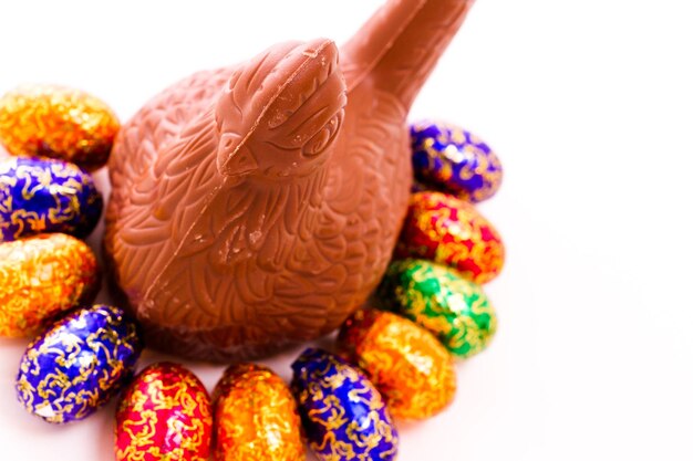 Chocolate chicken prepared for Easter on a white background.