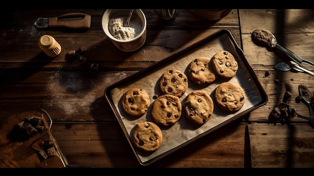 Chocolate chip biscuits on a rustic tray and table