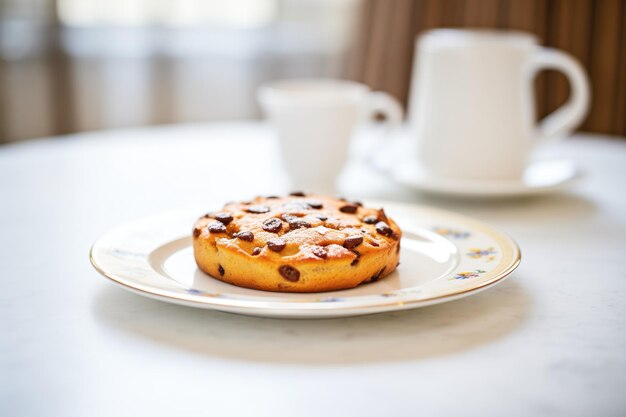 Chocolate chip brioche on white ceramic plate