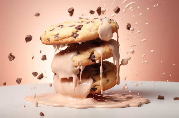 a chocolate chip cookie falling into a pink background