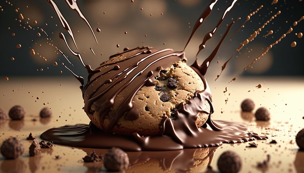 チョコ チップ クッキー アイス クリームにチョコレート ファッジが添えられています。