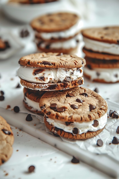 Foto chocolate chip cookie ijs sandwiches op een wit oppervlak met verspreide chips