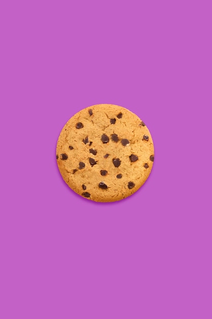 chocolate chip cookie on purple background