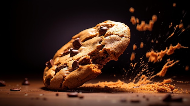 a chocolate chip cookie with chocolate chips on a black background