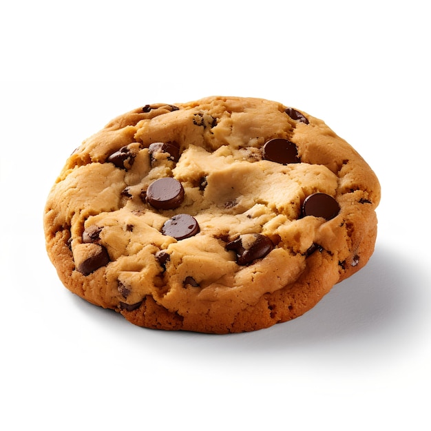 A chocolate chip cookie with a white background