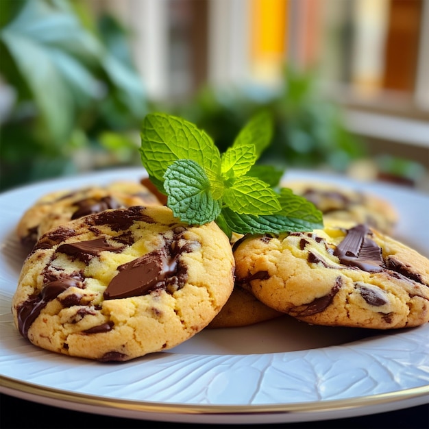 Chocolate chip cookie with yellow stripe and mint in plate