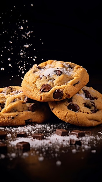 Chocolate chip cookies are piled on top of each other with powdered sugar generative ai