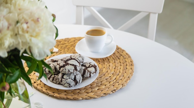 Chocolate chip cookies for breakfast on the table Selective focus