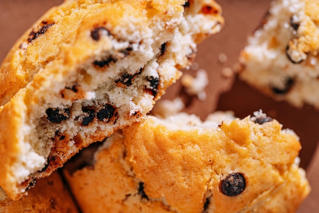 Chocolate chip cookies closeup on brown background