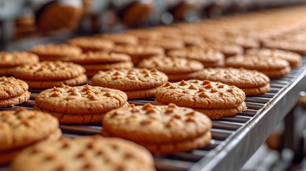 Foto biscotti al cioccolato su un nastro trasportatore in una fabbrica di panetteria