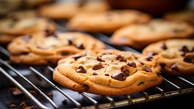 Chocolate chip cookies cooling on a rack in a bakery generative ai