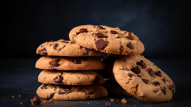chocolate chip cookies on a dark stone background