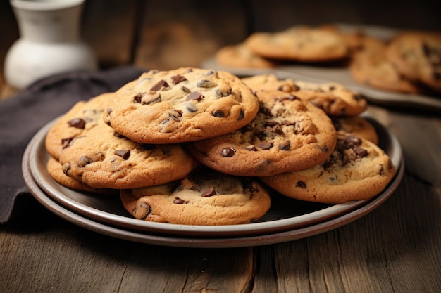 Chocolate chip cookies displayed on a wooden surface