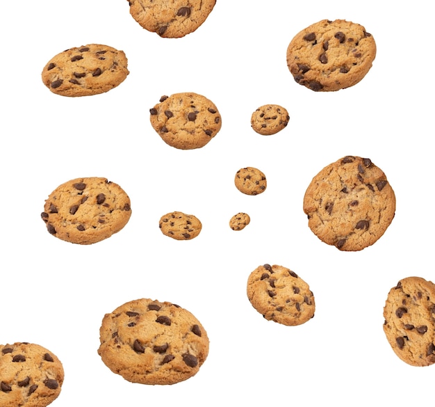 Chocolate chip cookies droping isolated.