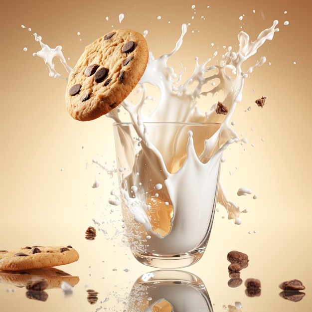 Chocolate chip cookies falling into a glass with milk splash on brown background