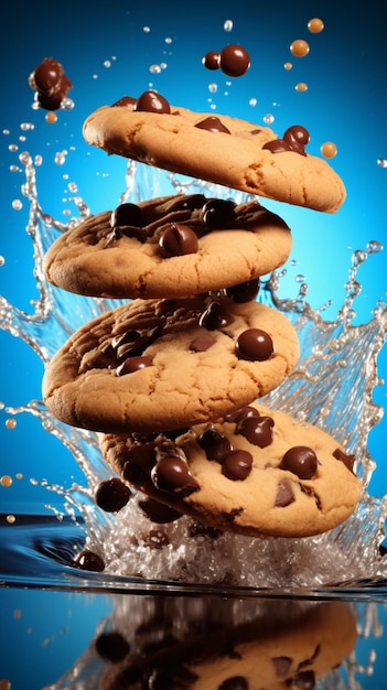 chocolate chip cookies falling into the water with splashes generative ai