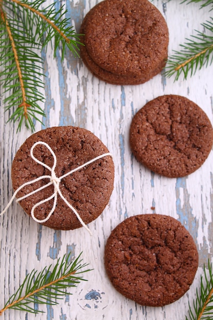 Chocolate chip cookies, fir branch