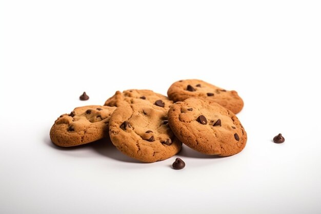 Chocolate chip cookies floating on a white background