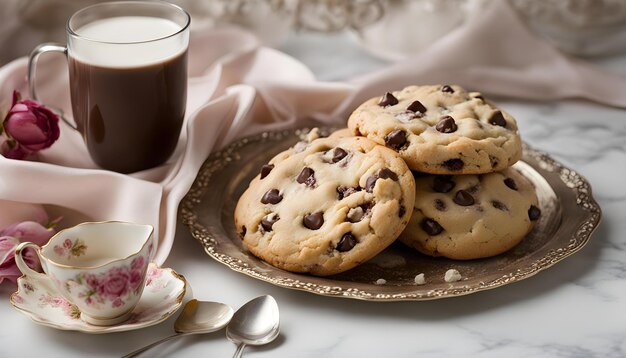 chocolate chip cookies and a glass of coffee sit on a table